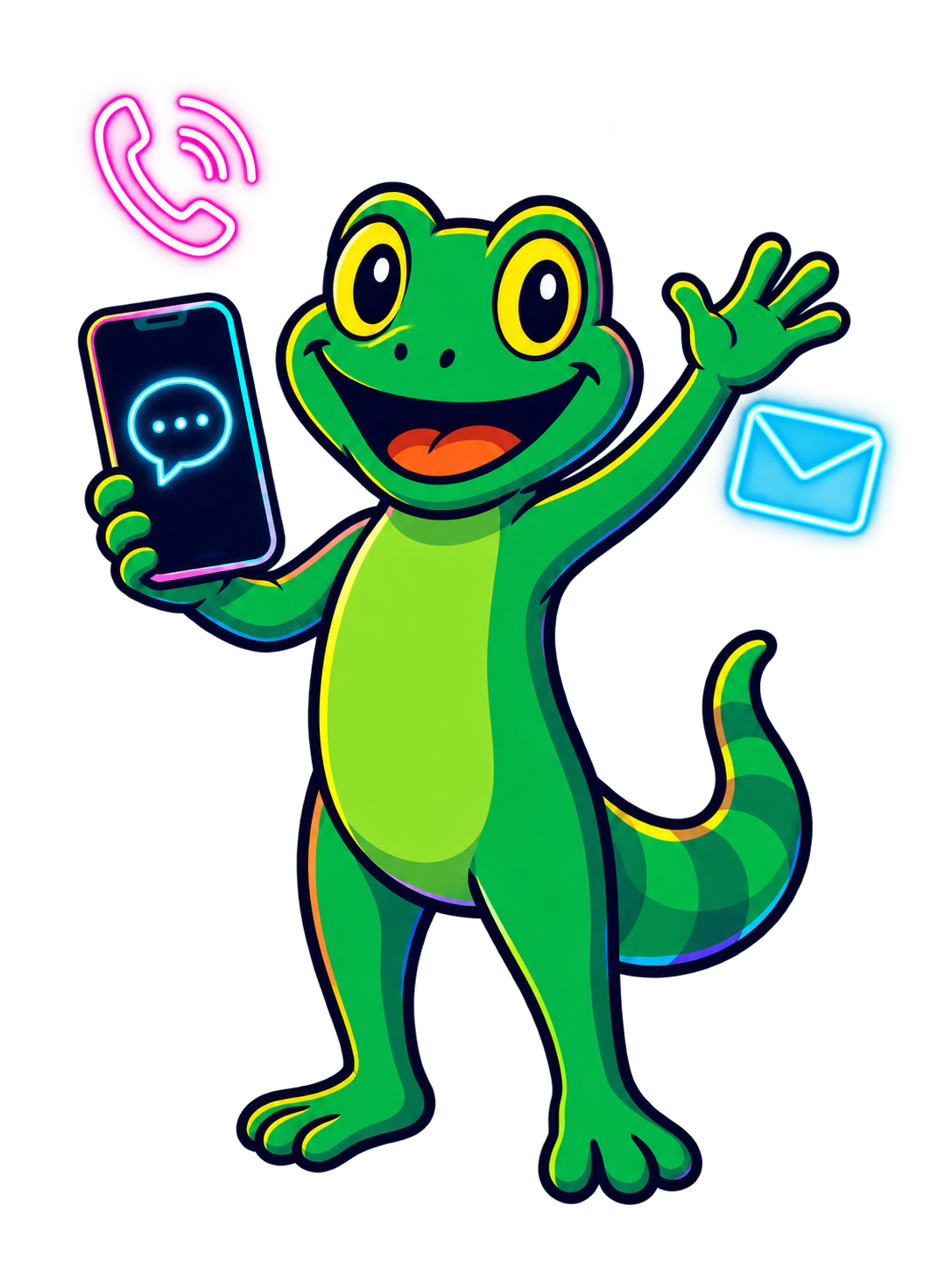 スマートフォンを持って手を振るゲッコーくん